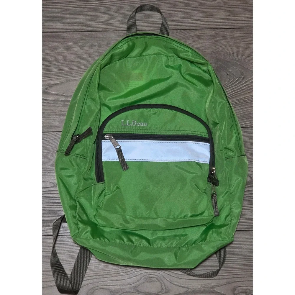 LL Bean Kids Backpack Lime Green Reflective Stripe Nylon School Bag 0YP84 Retro